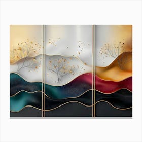 3d Colorful Trees, Golden Lines Canvas Print