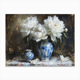 White Peonies In A Blue Vase Canvas Print