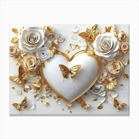 Gold Heart With Roses And Butterflies Canvas Print