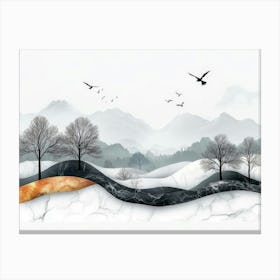 Black Trees With Colorful Marble Mountains In A Light Gray Background With White Clouds 2 Canvas Print