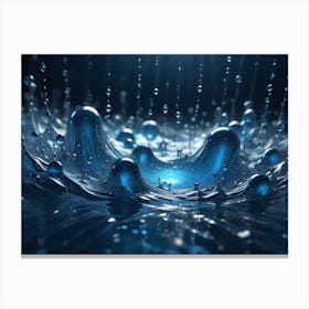 A Close Up Of Water Droplets Splashing And Creating Ripples On A Dark Blue Surface Canvas Print