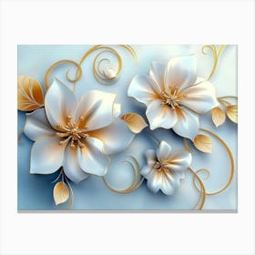 3d White And Pink Flowers, Golden Swirls And Leaves On Light Blue 1 Canvas Print