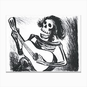 Skeleton 'Calavera' Playing Guitar - 1938 Vintage Sketch by Mexican Graphic Designer Leopoldo Mendez - Witchy Gothic Funny Cool Skull Art Witchcore Dark Aesthetic Remastered High Definition Collectable Gallery Canvas Print