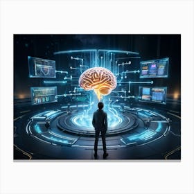 Abstract Cyber Concept Art Featuring A Human Brain At The Center Of Innovation Connected With Futur (3) Canvas Print