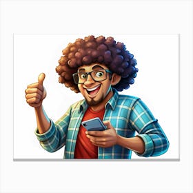 Smiling Man With Afro Holding Smartphone And Giving Thumbs Up Canvas Print