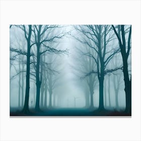 Dark And Foggy Forest Path With Tall, Bare Trees Canvas Print