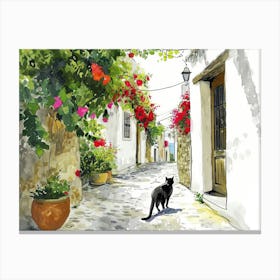 Bodrum, Turkey   Black Cat In Street Art Watercolour Painting 1 Canvas Print