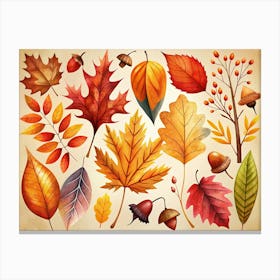 Collection Of Watercolor Autumn Leaves And Acorns Canvas Print