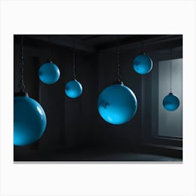 A Photograph Of A Dark Room With Blue, Glowing Orbs Suspended From The Ceiling On Chains Canvas Print