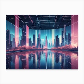 A Futuristic Cityscape With Glowing Neon Lights, A Reflective Floor, And A Sense Of Mystery Canvas Print