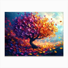 3d Abstract Artwork, A Tree Surrounded by Many Colorful Leaves Canvas Print