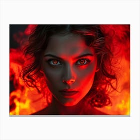 Portrait Of A Woman With Large Eyes Staring Powerfully Into The Lens Surrounded By Vivid Colors Of Canvas Print