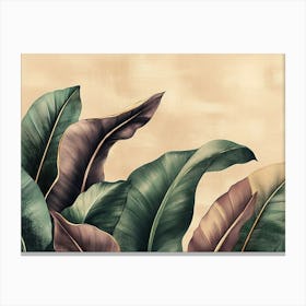 Vintage Tropical Green Brown Leaves, Beige Golden Texture 1 Canvas Print