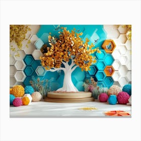 3d Oak Featuring a Whimsical Tree with Hexagons Canvas Print