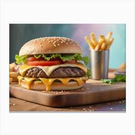 Juicy Cheeseburger With French Fries And Orange Juice 1 Canvas Print