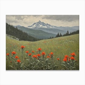 Vintage Oil Painting of indian Paintbrushes in a Meadow, Mountains in the Background 2 Canvas Print
