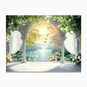 3d Beautiful View of Landscape Background from the Old Arches, Tree, Sun, Water, Birds Canvas Print