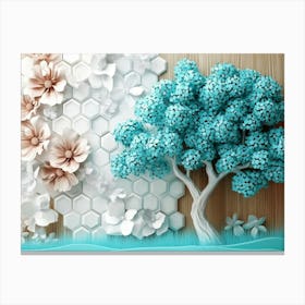 Dynamic Display of a Turquoise Tree with White Lattice on Oak, Featuring Floral Hexagons Canvas Print