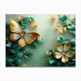 3d Art Abstract Floral Background With Green Flowers And Golden Butterfly 3 Canvas Print