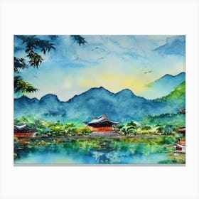 Tranquil Dawn At The Misty Pagoda  Canvas Print