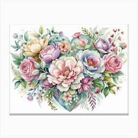 Watercolor Heart Shaped Floral Bouquet Canvas Print