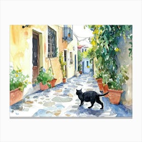 Thessalonik, Greece   Cat In Street Art Watercolour Painting 1 Canvas Print