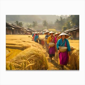 Asian Women In Rice Fields paintings art print Canvas Print