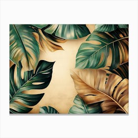 Vintage Tropical Green Brown Leaves, Beige Background, Golden Texture 3 Canvas Print