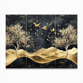 Three Gold Trees Landscape With Golden Birds, Trees and Gold Shapes Canvas Print