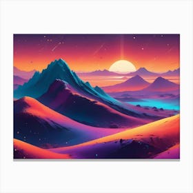 A Colorful, Digital Landscape With Vibrant Mountains, A Setting Sun, And A Glowing Blue Lake, Creating A Dreamy, Otherworldly Atmosphere Canvas Print