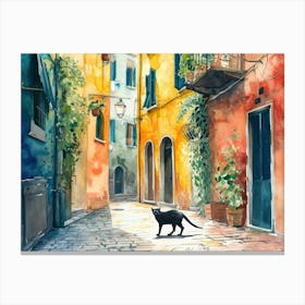 Black Cat In Verona, Italy, Street Art Watercolour Painting 3 Canvas Print