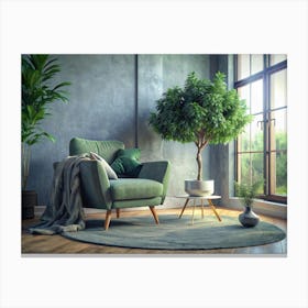 Green Armchair With Throw Blanket In Living Room Canvas Print