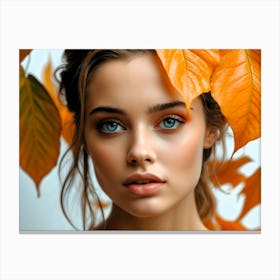 Artistic portrait beautiful woman blue eyes behind orange autumn leaves 3 Canvas Print