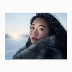 Macro Portrait In Ultra Clear Detail Freckled Woman Swathed In A Plush Fur Jacket Against A Snowy B Canvas Print