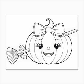 Outlined Cartoon Pumpkin With A Bow And A Broom Canvas Print