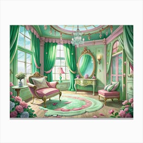 Elegant Green Living Room With Pink Accents Canvas Print