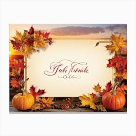 Autumn Themed Thank You Card Ornate Calligraphy Sweeping Across The Centre Leaves In Reds Golds (1) Canvas Print