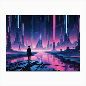 A Man Stands On A Platform Overlooking A Futuristic Cityscape, With Tall Neon Lit Towers Against A Colorful, Post Sunset Sky Canvas Print