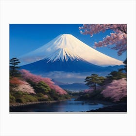 Reflections of Nature: Mount Fuji and Cherry Blossoms in the River Canvas Print