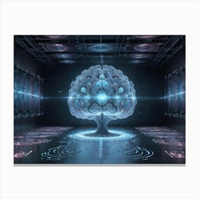 A Futuristic Tree With A Glowing Brain At Its Core In A Dark Room Canvas Print