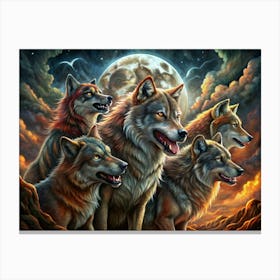 Pack Of Wolves Howling At The Full Moon Canvas Print