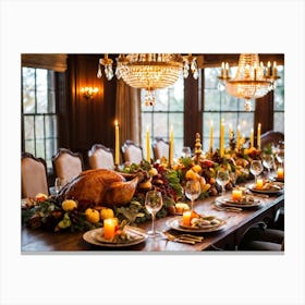 A Sumptuous Thanksgiving Banquet Showcasing A Centerpiece Of Succulent Fresh Roasted Turkey Surrou (1) 1 Canvas Print