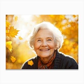 Elderly Woman Radiating Joy Amidst Crisp Autumn Leaves Close Up Orange Yellow Foliage Surrounding (3) Canvas Print