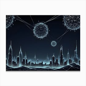 An Abstract Image Of A Futuristic Cityscape With Glowing, Blue Spheres Representing Connections And Data Flow Canvas Print