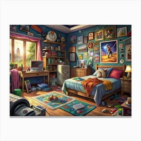 Messy Teenager S Bedroom With City View Canvas Print