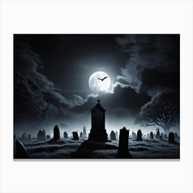 Full Moon Illuminating A Night Sky Clouded By Whispers Of Fog Gravestones Silhouetted Against The E (2) Canvas Print