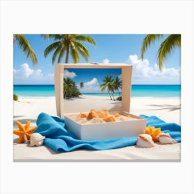 A Beach Scene With A White Box Opened To Reveal A View Of A Tropical Beach Inside The Box Canvas Print