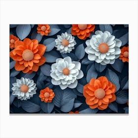 3d Colorful Flowers With Leaves Seamless Pattern, Orange And White Dahlia Flowers Painting Canvas Print