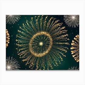 Abstract Background With Stylized Fireworks In Gold Against A Dark Green Background With Scattered Gold Stars Canvas Print