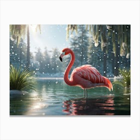 Plush Flamingo Panicled With Soft Greens Gently Wading Across The Smooth Surface Of A Glasslike La Canvas Print